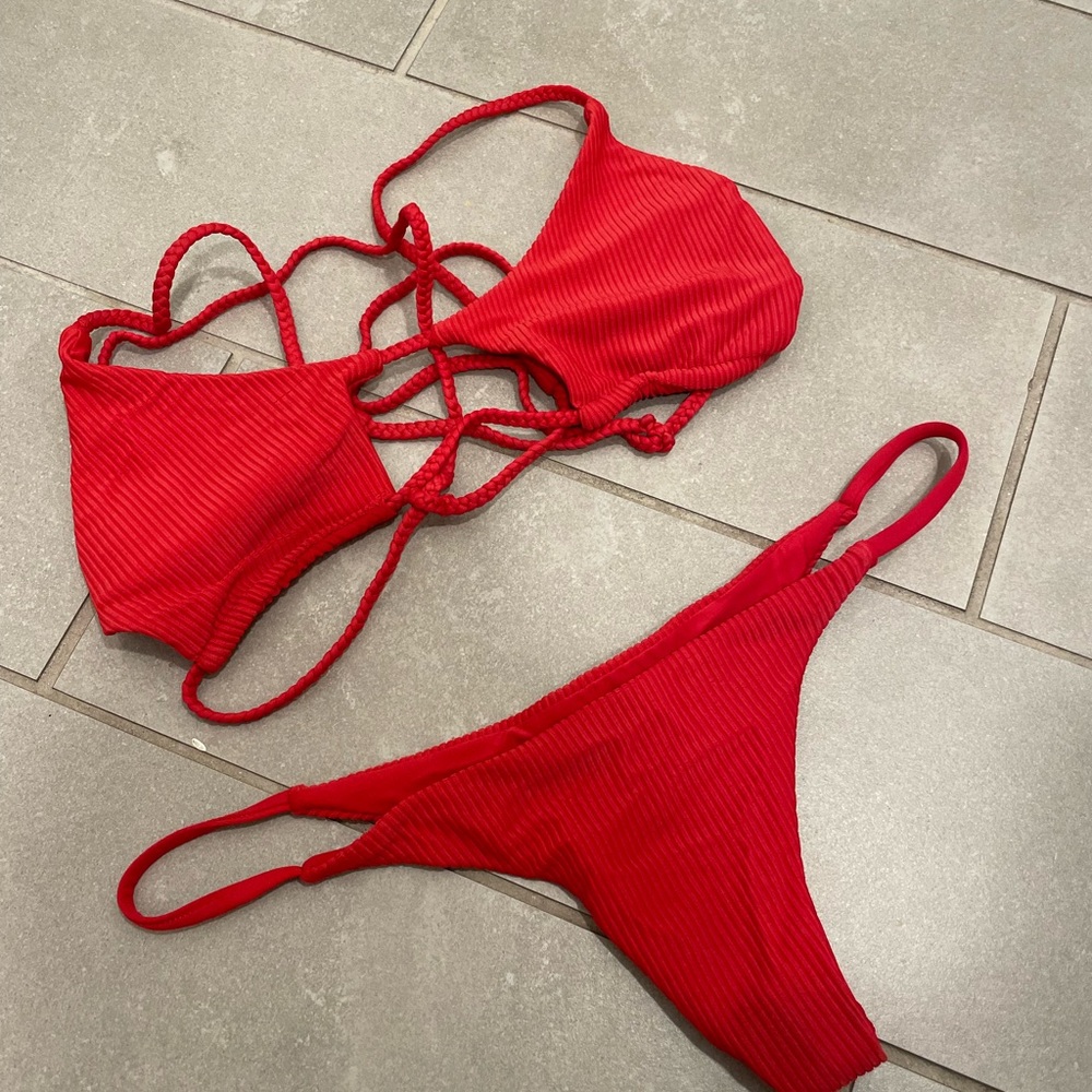 Red Ribbed Bikini Set